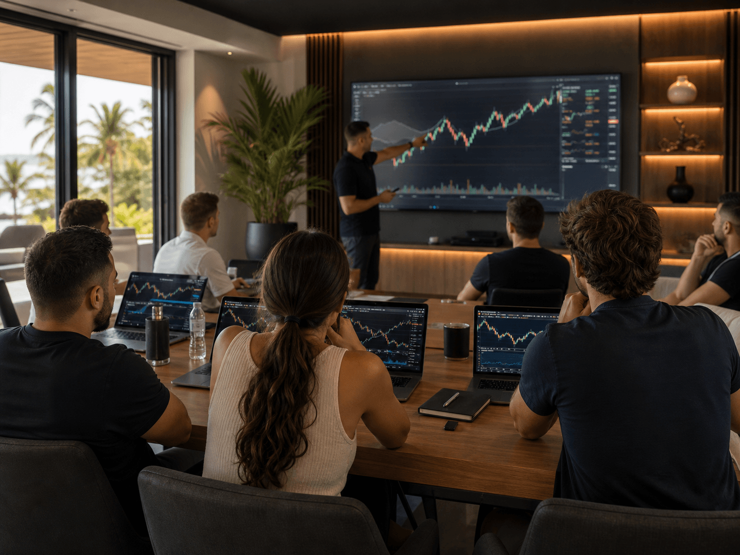 Petit groupe en formation de trading dans une villa moderne